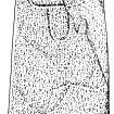 Scanned ink drawing of incised cross slab built into West wall of churchyard