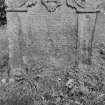 View of gravestone for Andrew Sharp dated 1746, in the churchyard of Torryburn Parish Church. 