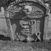 View of gravestone commemorating James Rattray dated 1768 in the churchyard of Kinclaven Church.