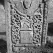 View of gravestone commemorating John Miller dated 1727 in the churchyard of Kinclaven Church.