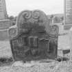 View of gravestone commemorating weaver c1730-40 in the churchyard of Kilsyth Parish Church.