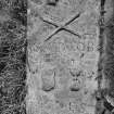 Detail of graveslab of David Robertson and Agnes Campbell, died 1755 and 1764 with skull, crossbones and hourglass symbols, in the churchyard of Buchlyvie Parish Church.