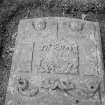 Detail of tablestone commemorating Thomas Crichton 1764 in the churchyard of Kirkton of Auchterhouse Parish Church.