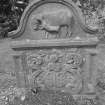 View of gravestone commemorating Barbara Crookshank, 1730, including a scene of possible bull-baiting, in the churchyard of Lundie Parish Church.
