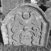 View of gravestone commemorating William Chambers, 1715, in the churchyard of Lundie Parish Church.