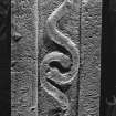Strathmartine no 2 recumbent graveslab. View showing two serpents and spiral border decoration