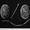 Two Oval Brooches, Silver Pin with filigree head and silver  wire chain (NMA No? 1877) RCAHMS 1982