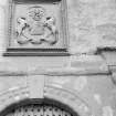 View of coat of arms on arched entrance of Seton Tower, Fyvie Castle.
