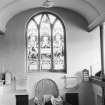 Interior view of Barony Kirk, Kirriemuir, showing stained glass window.