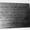 Interior.
Detail of memorial plaque to the wife of Rev. Beatson Garvie.