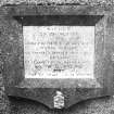 View of plaque.
Insc: 'Sacred to the memory of George Fairhulme Esq of Greenknowe whose remains are interred beneath this tablet. He died at Leamington in Warwickshire on the 12th November 1870 aged 47 [?} years and 10 months'.