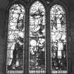 Interior. Detail of stained glass in tripartite window