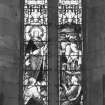 Interior. Detail of stained glass in double lancet window