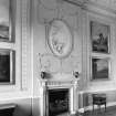 Paxton House, interior.  Principal floor.   Dining-room, view of fireplace with plaster decoration depicting 'Europa and the Bull' above.