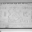 Interior. Detail of right side of former fireplace lintel with inscription "DEUS FACIT OMNIA. SPES VITAE ALTERA 1611"
