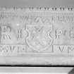Interior. Detail of right side of former fireplace lintel with inscription "DOMINUS FRUSTRA. VIRTUS SUB UMBRA."