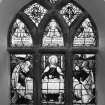 Interior.
N wall, detail of stained glass window.