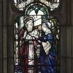 Interior. Chancel. Detail of stained glass window with cusped detailling on S elevation