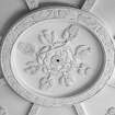 Interior. Octagonal library detail of plaster ceiling with thistles and roses