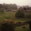 Oblique aerial view of formal gardens from the house.