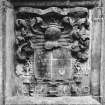 Detail of doorway with surmounting Hay and Durham armorial panel dated 1660 in E range's courtyard elevation.