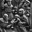 Traquair House chapel, interior
Detail of carved oak panel showing the Adoration of the Magi