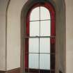 Interior.
Preaching auditorium, detail of coloured glass window.