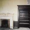 Interior. Library, detail of fireplace and cupboard.