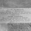 Detail of commemorative plaque with inscription "John Menteith. Tutor of Randifurde. Mortified the Sum of £100 as an Endowment For the Master of the Grammar School of Stirling. Anno 1621. John Cowane. Dean of the Guildry of Stirling. Bequeathed the SUm of 500 Merks for the Use of the Master of the Grammar School. Anno 1634"