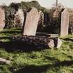 View of recumbent graveslabs and burial ground.