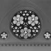 Interior.
Detail of West Rose window depicting Faith, Hope and Charity designed by William Starforth  executed by James Ballantine & Son 1887.