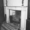 Interior, detail of first floor drawing room white marble fireplace c.1820 with register grate