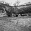 View from South of entrances to limestone mine workings from quarry bottom