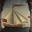 Painted panel on east gallery front showing a ship with a single mast under sail