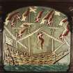 Painted panel on east gallery front showing a ship at anchor with guns run out
