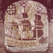 Painted panel on south gallery front showing a ship in flames