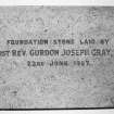 Detail of foundation stone inscribed "FOUNDATION STONE LAID BY MOST REV. GORDON JOSEPH GRAY, DD. 23rd JUNE 1957"