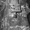 Detail of wall showing remains of former kiln firebox partition wall, on East side of threshing barn. 
Photosurvey 10 February 1994 at Kilrie Farm