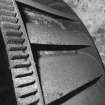 Detail of water-wheel showing rim gear and sheet metal buckets.  
Photosurvey 10 February 1994 at Kilrie Farm
