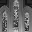 Interior. View of North stained glass window by A Ballantine & Gardiner 1897depicting the Nativity, Resurrection and Ascension