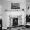 Interior. Detail of 1st floor drawing room fireplace with blue and white tiles