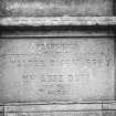 Detail of inscription 'Presented To The Town Of Banff In Memoriam Of Walter Biggar Esq and Mrs Anne Duff His  Wife. 1878' on base of fountain.