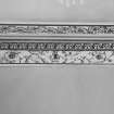 Interior.
Detail of ceiling cornice and frieze on South-West wall of ground floor South apartment.