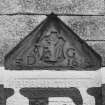 Detail of date plaque (1616) in West elevation. Shield with lion.
Insc: 'ED AG 1616. Rebuilt 1856'.