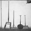 Aberdeen, Berryden Road, Millbank Mill, Corn Mill, Interior.
Detail of various implements used in grain drying kiln.
Pushing Implements. (left to right)
1st Two. for clearing grain off floor into discharge spouts.
3rd. possibly a cove shovel for kiln fuel.
4th. shovel for turning grain on drying floor.