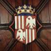 Aberdeen, Chanonry, St Machar's Cathedral, Heraldic Ceiling.
Detail of the Heraldic Shield of the arms of the King of Aragon. 
Shield: Quarterly: first and fourth Paly of six argent and gules; second and third Gules, an eagle displayed argent.