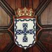 Aberdeen, Chanonry, St Machar's Cathedral, Heraldic Ceiling.
Detail of the Heraldic Shield of the arms of the King of Portugal. 
Shield: Argent, five escutcheons in cross azure, each charged with as many plates in saltire, all within an orle embattled counter-embattled of the second.
