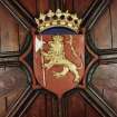 Aberdeen, Chanonry, St Machar's Cathedral, Heraldic Ceiling.
Detail of the Heraldic Shield of the arms of the King of Denmark.
Shield: Gules, a lion rampant crowned or, holding in his forepaws a Danish battle-axe argent, handled of the second.
