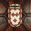 Aberdeen, Chanonry, St Machar's Cathedral, Heraldic Ceiling.
Detail of the Heraldic Shield of the arms of the Earl of Moray.
Shield: Argent, three cushions gules within the royal tressure.