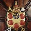 Aberdeen, Chanonry, St Machar's Cathedral, Heraldic Ceiling.
Detail of the Heraldic Shield of the arms of the Pope: Leo X. Giovanni de' Medici.
Shield: Or, six balls in orle, that in chief of France, the others gules.